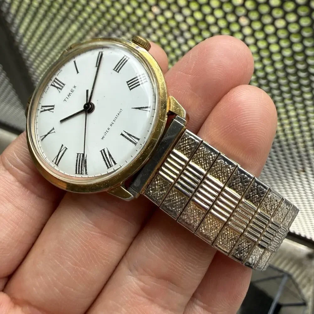 Vintage 70’s Timex Marlin Windup Wrist Watch Gold Tone Roman Numerals with Box